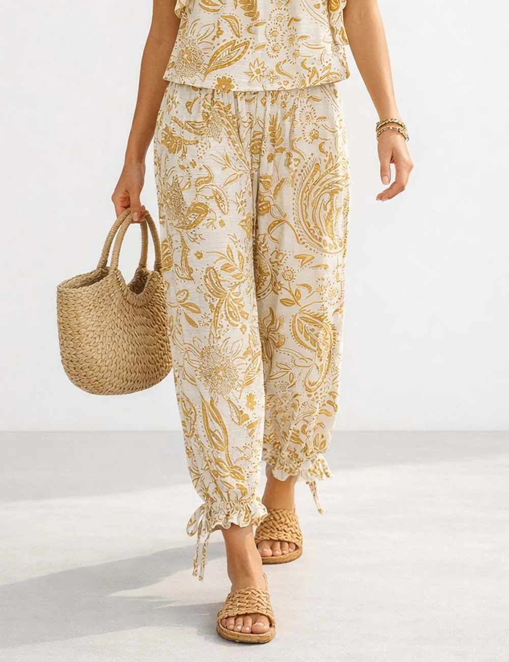 Paisley Drawstring Hem Lantern Leg Pants