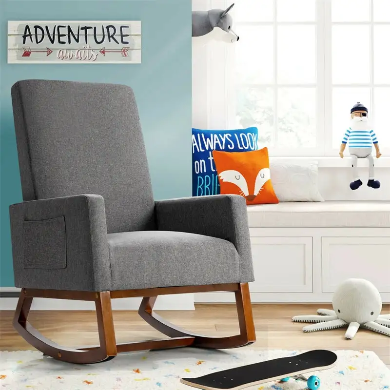 Upholstered Rocking Chair High Back Glider Rocker Chair Mid-Century Nursery Chair Modern Fabric Armchair with Wood Base