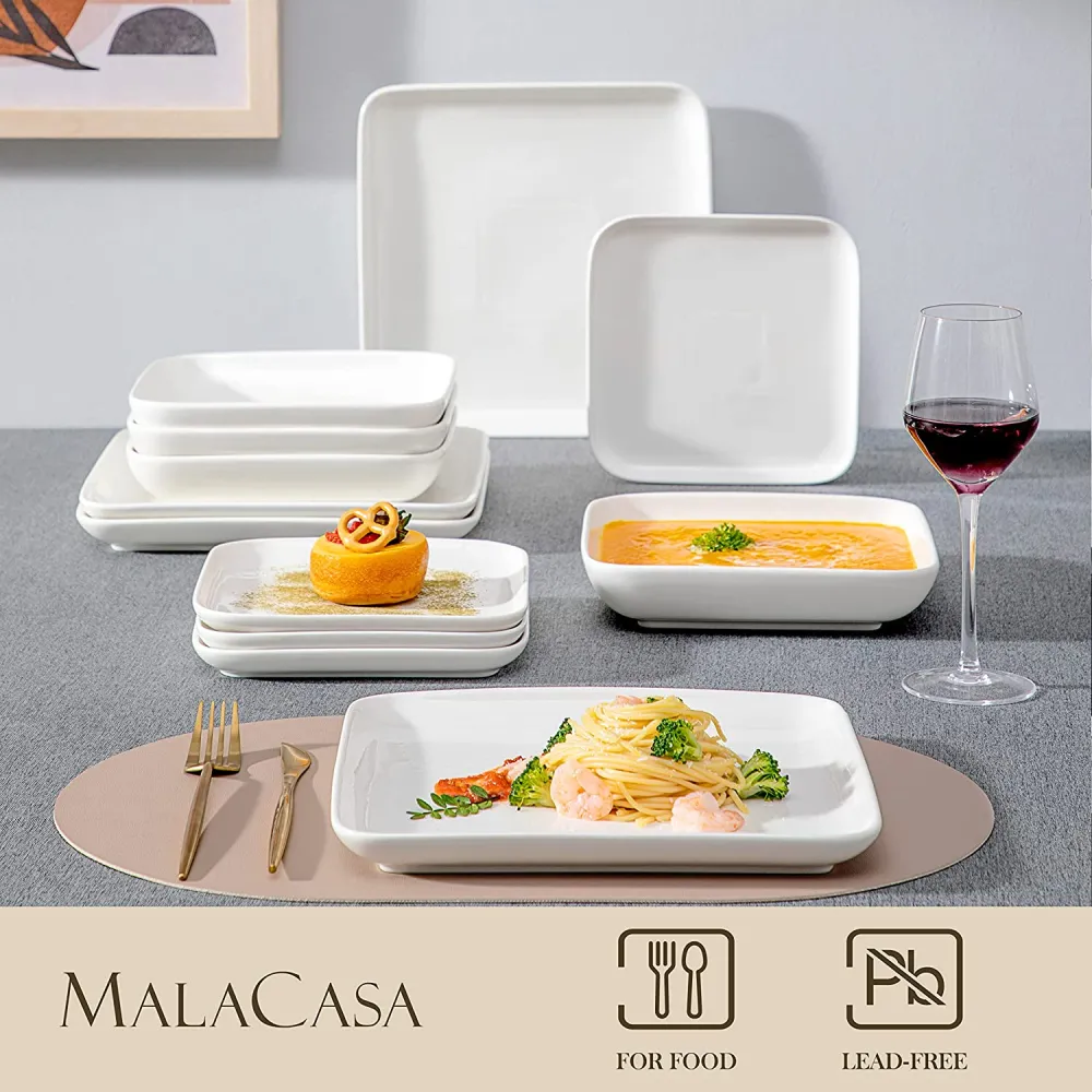 MALACASA Dishes Set for 12, Marble Grey Square Dinnerware Sets, 48 Piece Porcelain Plates and Bowls Sets with Dinner Plates, Dessert Plates, Soup Plates and Cereal Bowls, Series IVY