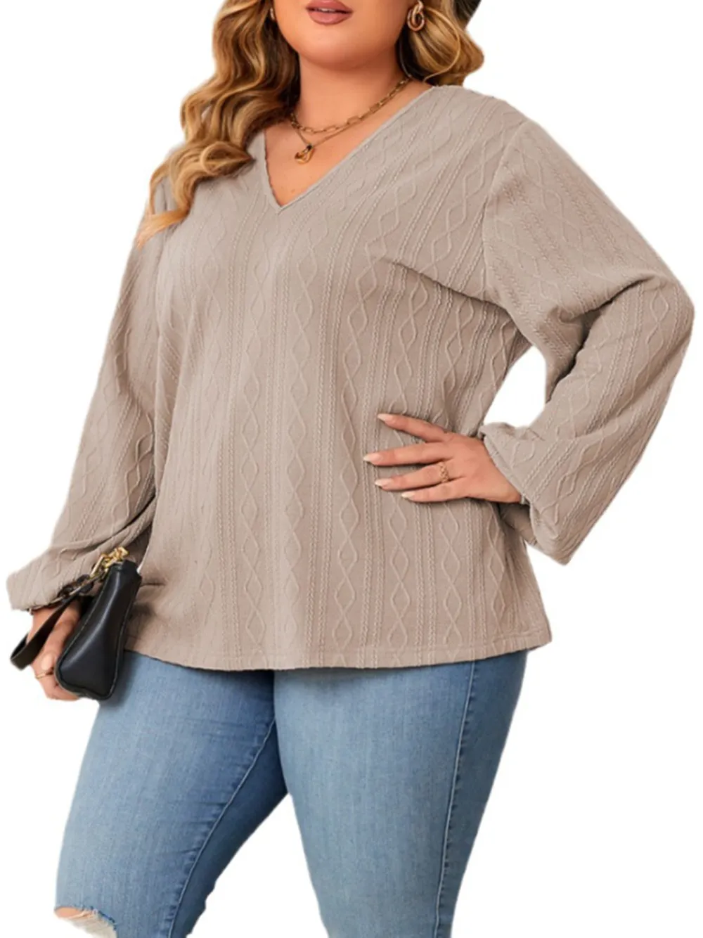 V Neck Loose Casual Long Sleeved Large Size Tops For Women