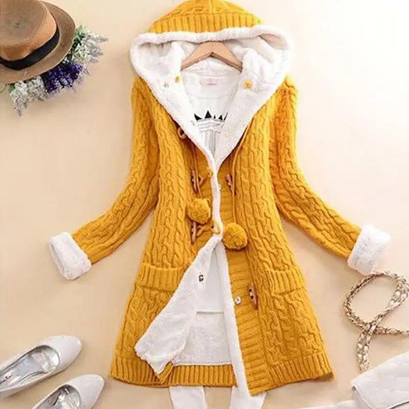 Women's Plush Hooded Knit Cardigan Coat with Buttons and Pockets in 6 Colors S-5XL