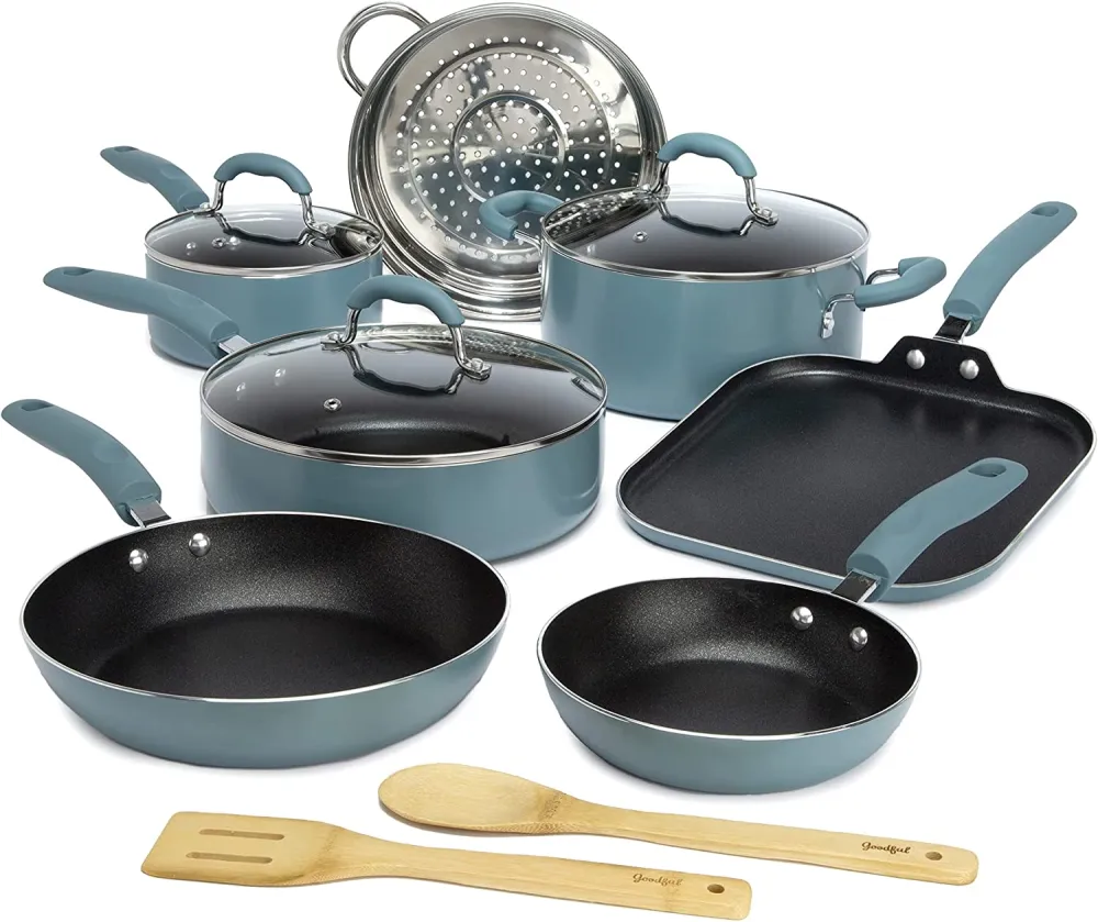 Cookware Set with Premium Non-Stick, Dishwasher Safe Pots and Pans, Tempered Glass Steam Vented Lids, Stainless Steel Steamer, and Bamboo Cooking Utensils Set, 12-Piece, Charcoal Gray