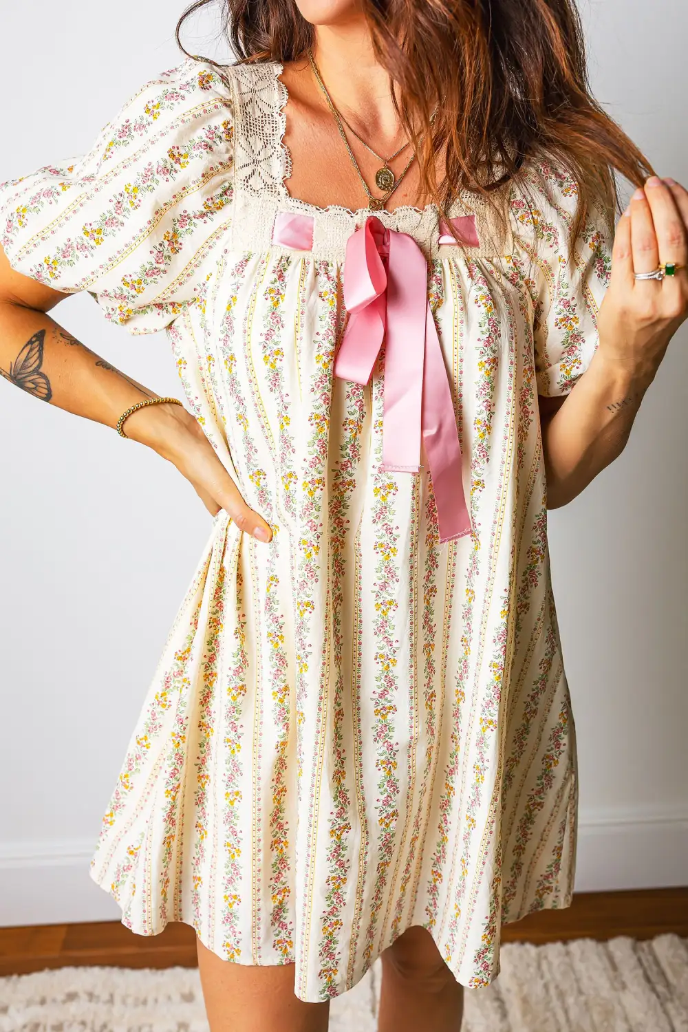 Gathered Detail Floral Printed Ribbed Mini Dress