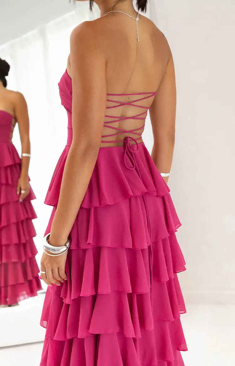 Strapless Ruffle Frills Fuchsia Maxi Dress
