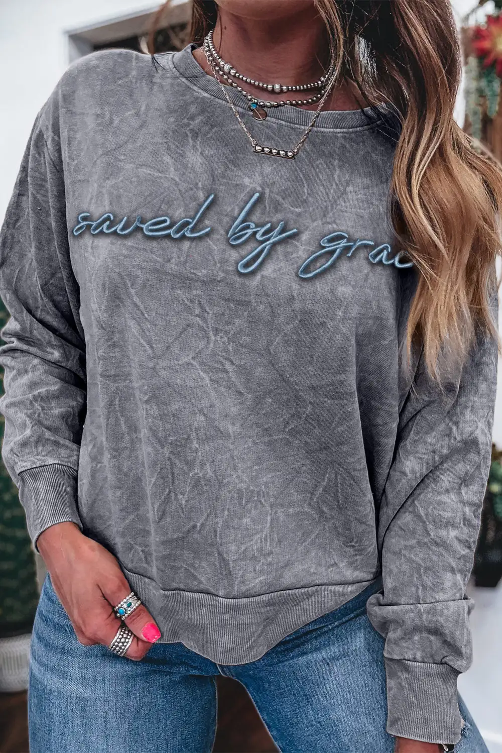 Relaxed Embroidered Mineral Wash Letter Graphic Sweatshirt