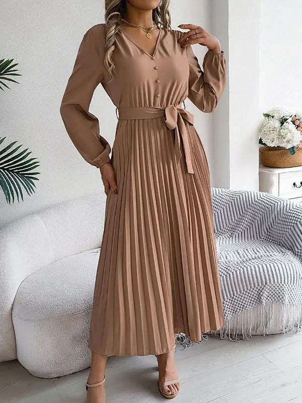 Pleated Buttoned Belted Long Neck Maxi Dress