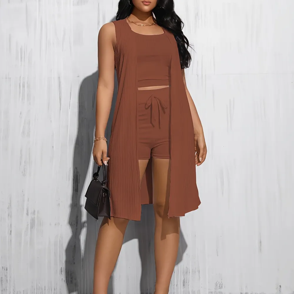 Solid Three-Piece Set: Summer Style (Crop Top, Shorts, Sleeveless Coat)