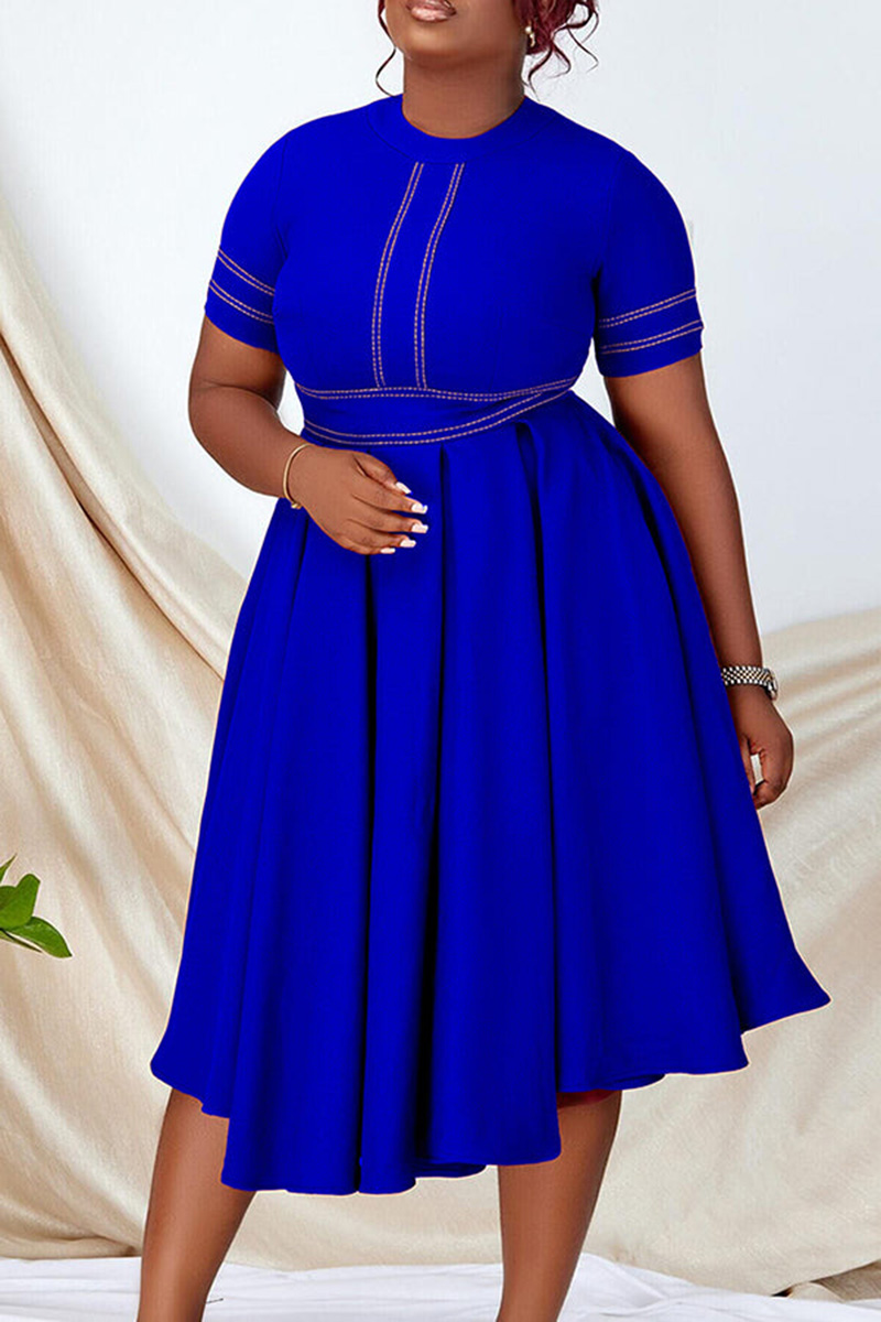 Plus Size Royal Blue Casual High Waist Pleated Round Neck Midi Dresses [New]