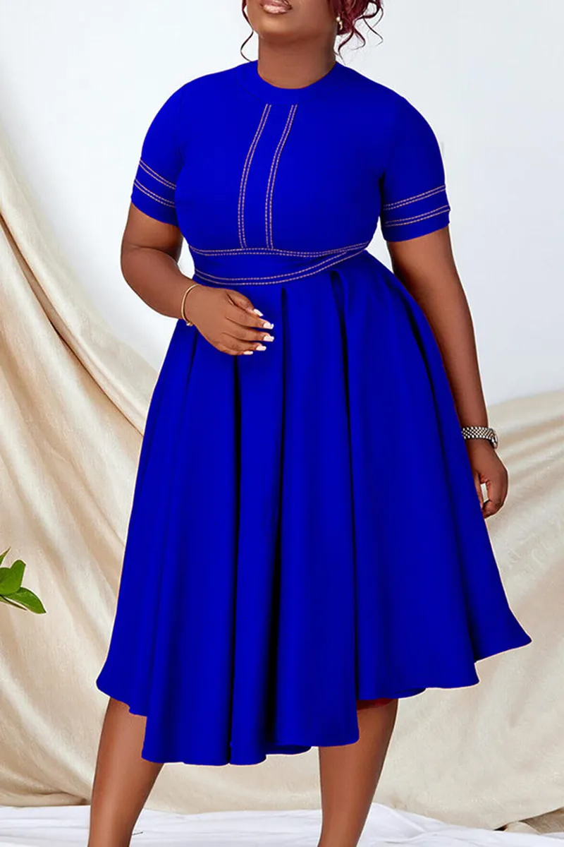 Plus Size Royal Blue Casual High Waist Pleated Round Neck Midi Dresses