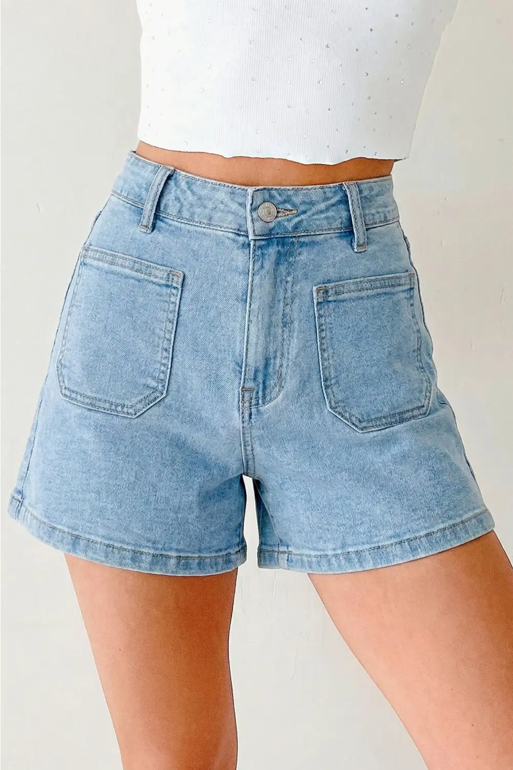 High Rise Patch Pocket Denim Shorts