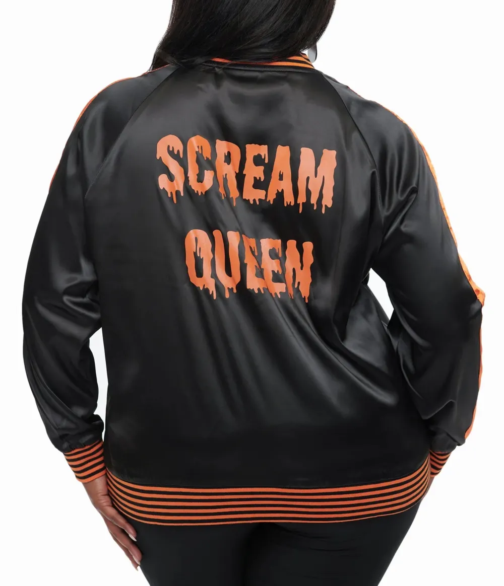 Plus Size Black And Orange Scream Queen Satin Bomber Jacket