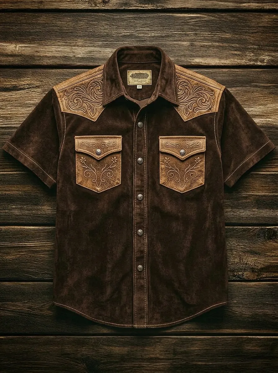 Men's Western Cowboy Floral Embossed Suede Printed Shirt