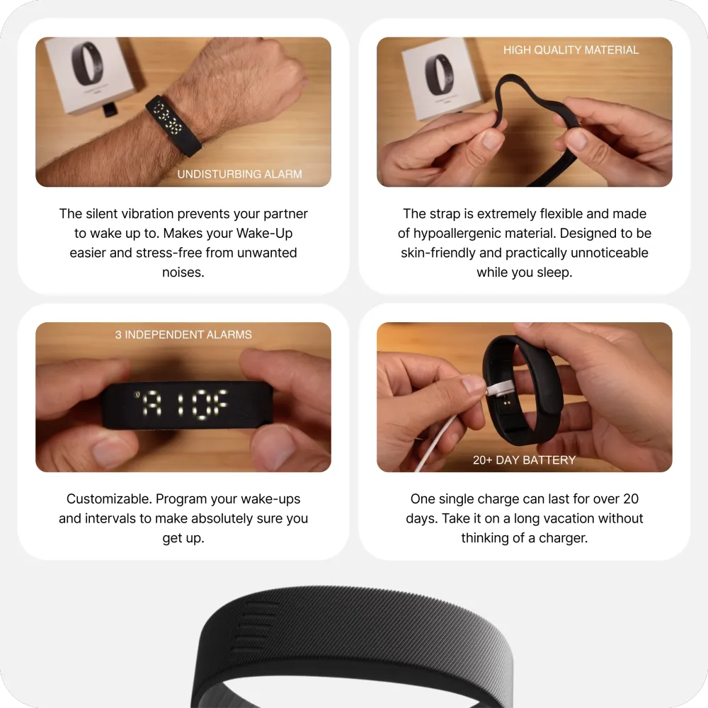 Silent Vibrating Alarm Clock – Wrist-Worn Wake-Up Device for Heavy Sleepers, Won't Disturb Your Partner, 2 Intensity Levels, Up to 3 Alarms, 14+ Day Rechargeable Battery