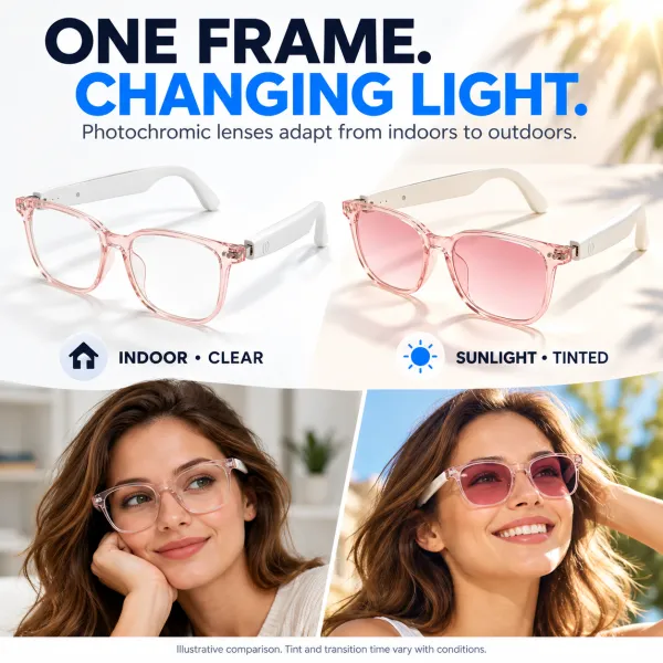 Women's Wireless Smart Sunglasses with Fashion Casual Colorful Frame, Remote Call Smart Glasses with Photochromic Polarized Pink Lenses — Light Pink Frame, 100+ Language Translation, Bluetooth Calling, Music, Blue Light Protection