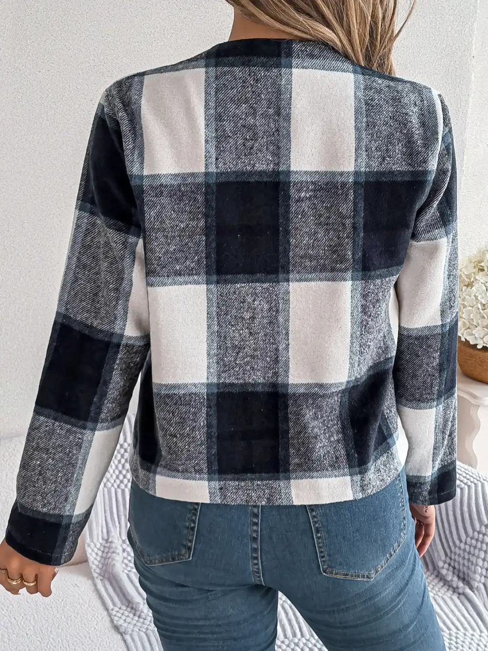 Plaid Open-front Long-sleeve Jacket