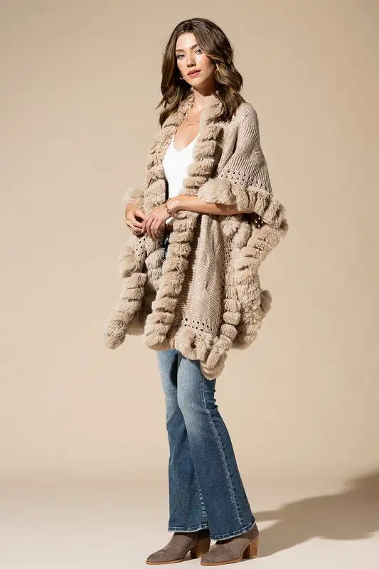 Vegan Fur Trimmed Cable Knit Woven Ruana Sweater