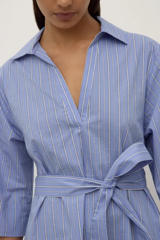 Blue & White Striped Mini Shirt Dress