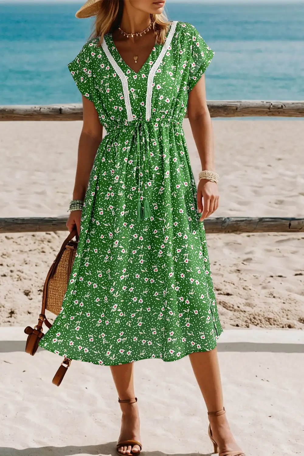 Abstract Print V Neck Drawstring Waist Contrast Trim Midi Dress