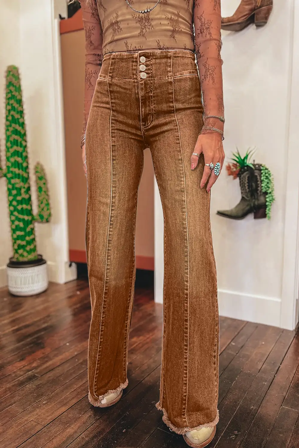 Button Fly Seamed Raw Hem Flare Jeans
