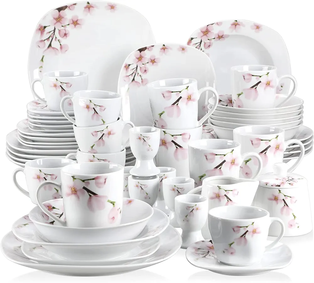 VEWEET, Series Fiona, 100-Piece Plates and Bowls Sets for 12, Including Porcelain Dishes Sets, Bowls, Mugs, Egg Cups, Cup and Saucer Set, Milk Jug and Sugar Pot Set, Microwave and Dishwasher Safe