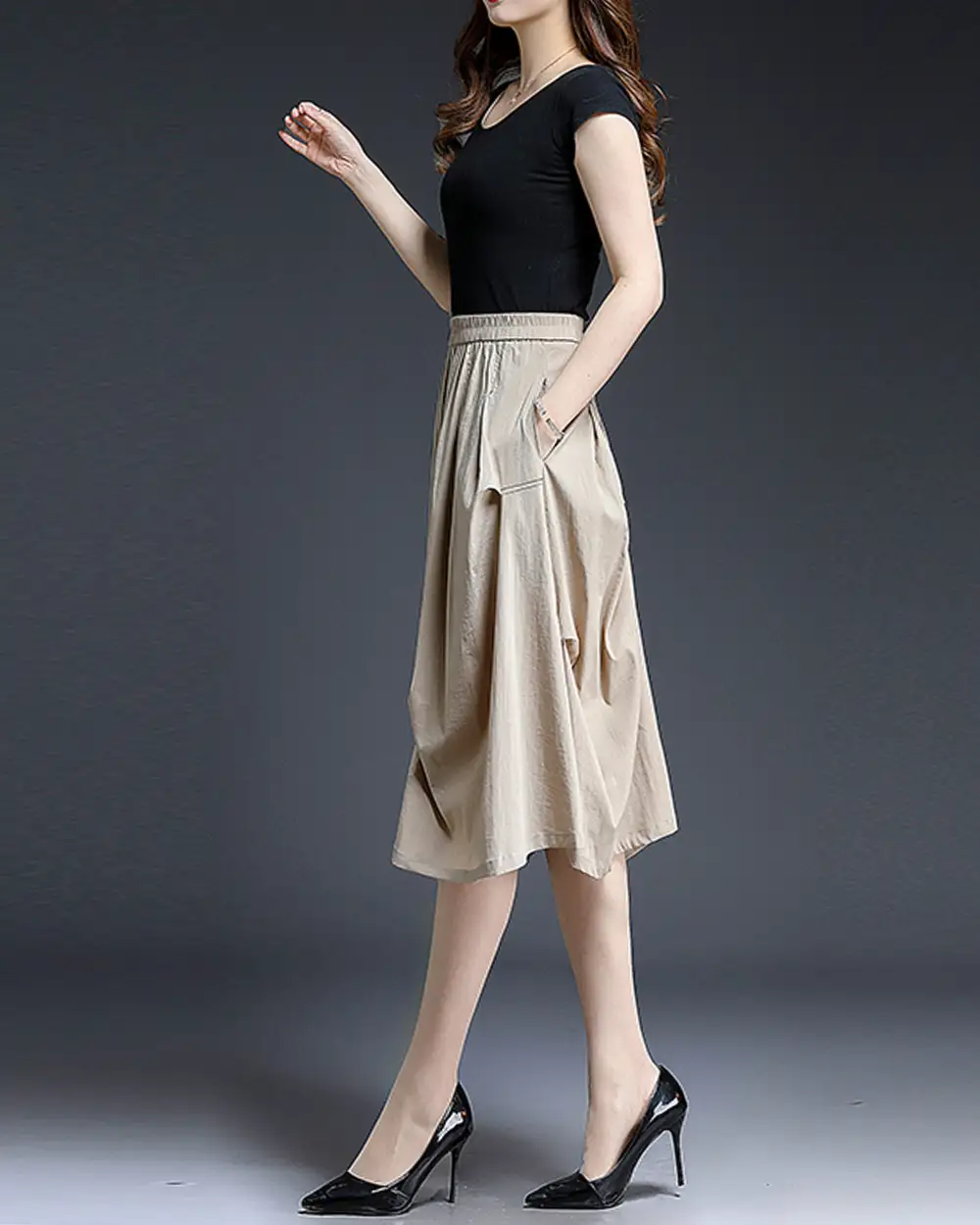 Soft Pocketed Linen A Line Midi Skirt