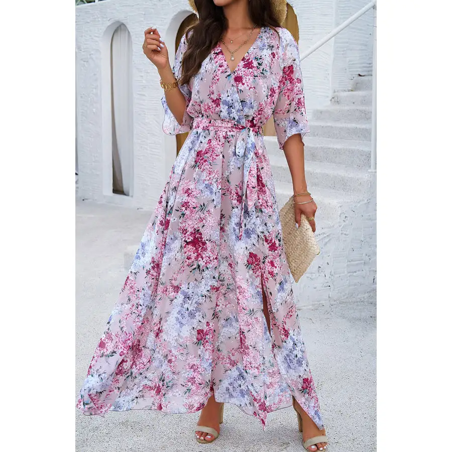 Printed Tied Half Sleeve Slit Dress