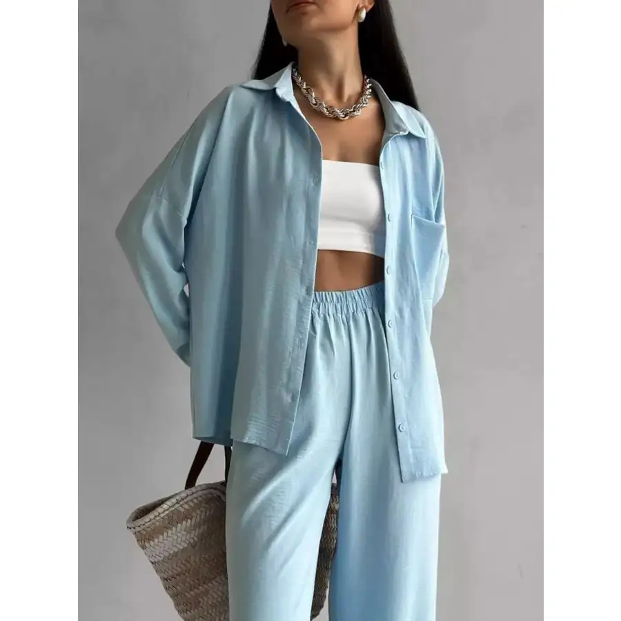 Button Up Long Sleeve Shirt and Pants Set