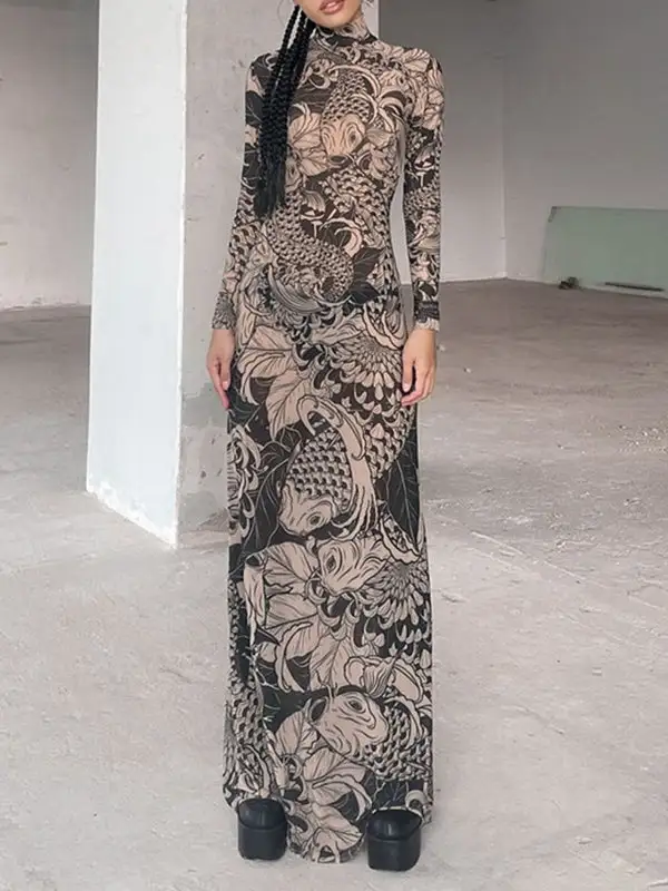 Sleeves Printed Long Neck Maxi Dress