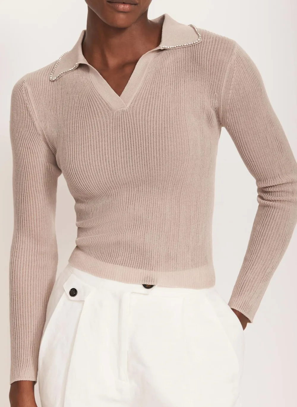 Casual Style Neutral Embellished Collar Top