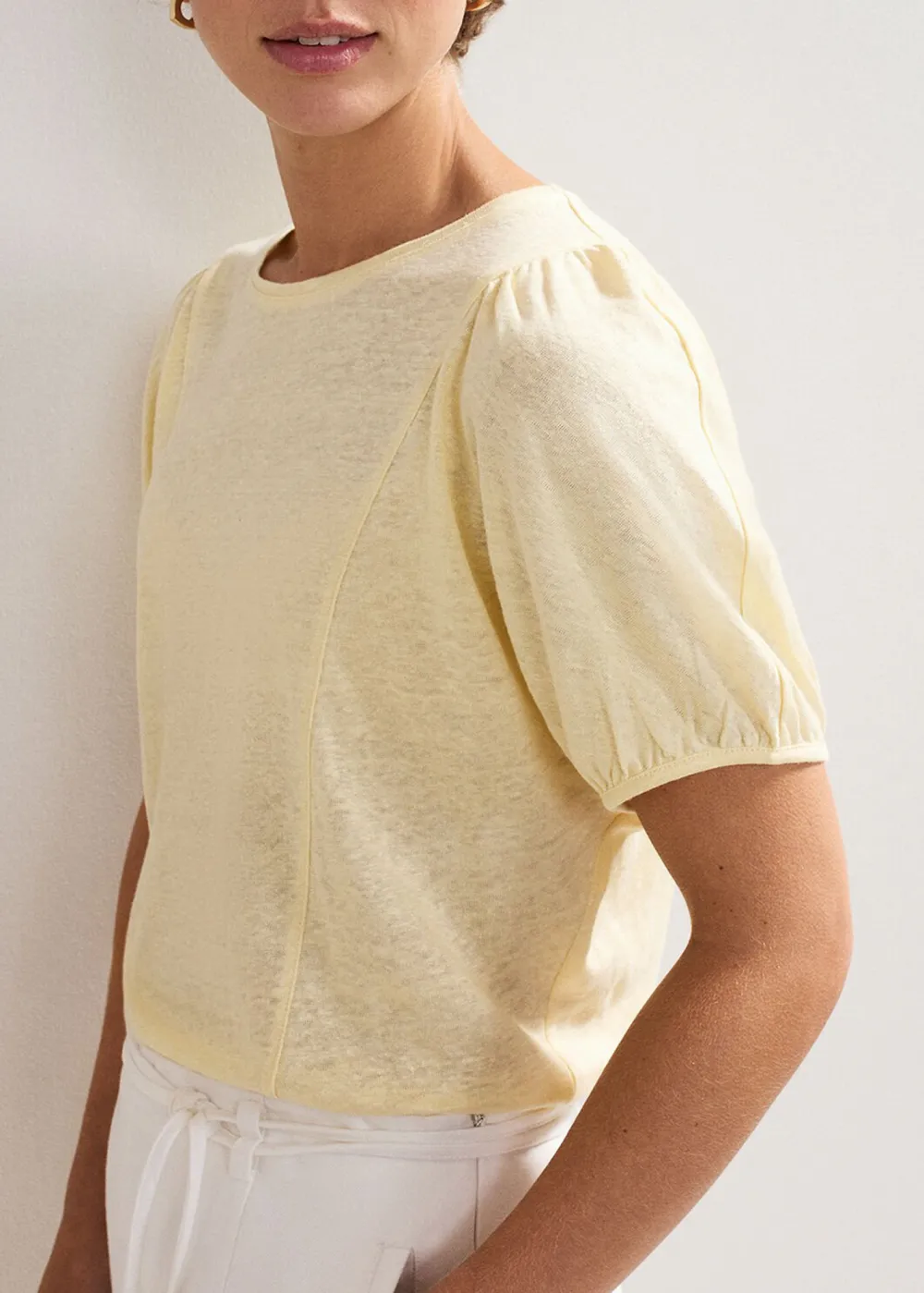 Casual All-Match Solid Color Linen Women's Round Neck Top