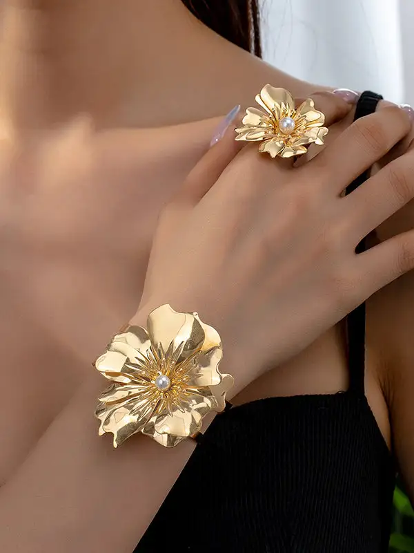 Floral Sculpted Bracelet And Bracelet And Ring Set