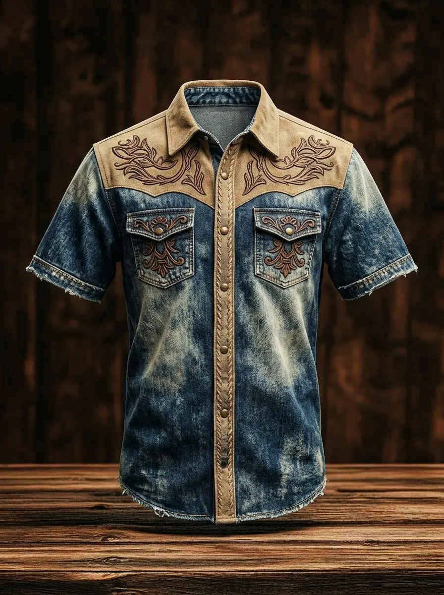 Men's Western Cowboy Floral Embroidered Denim Printed Shirt-2