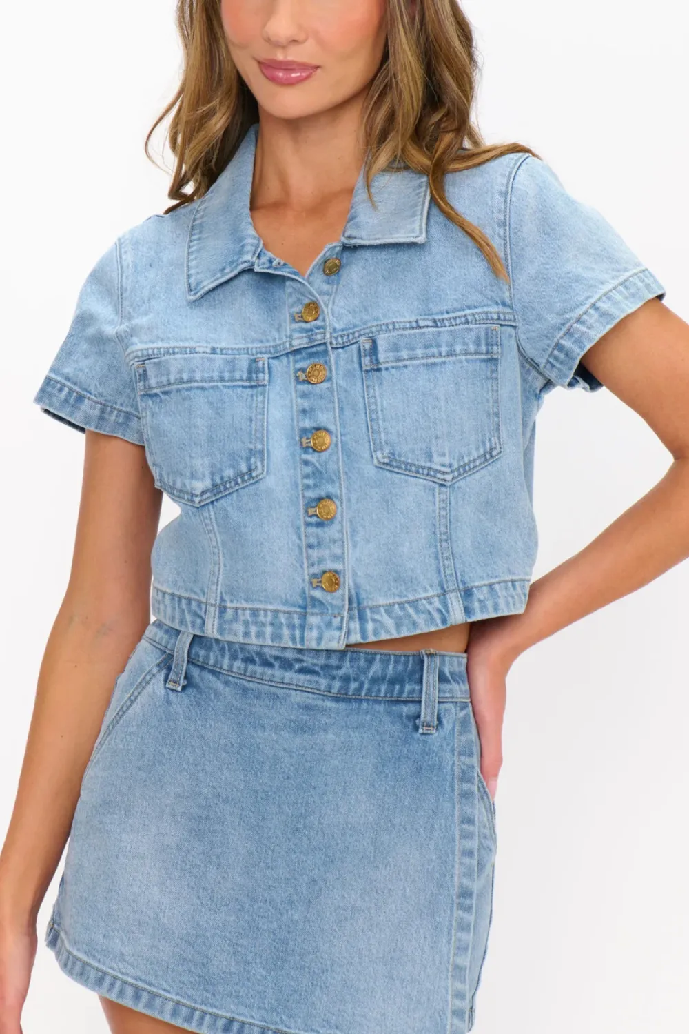 Button Short Sleeve Denim Top