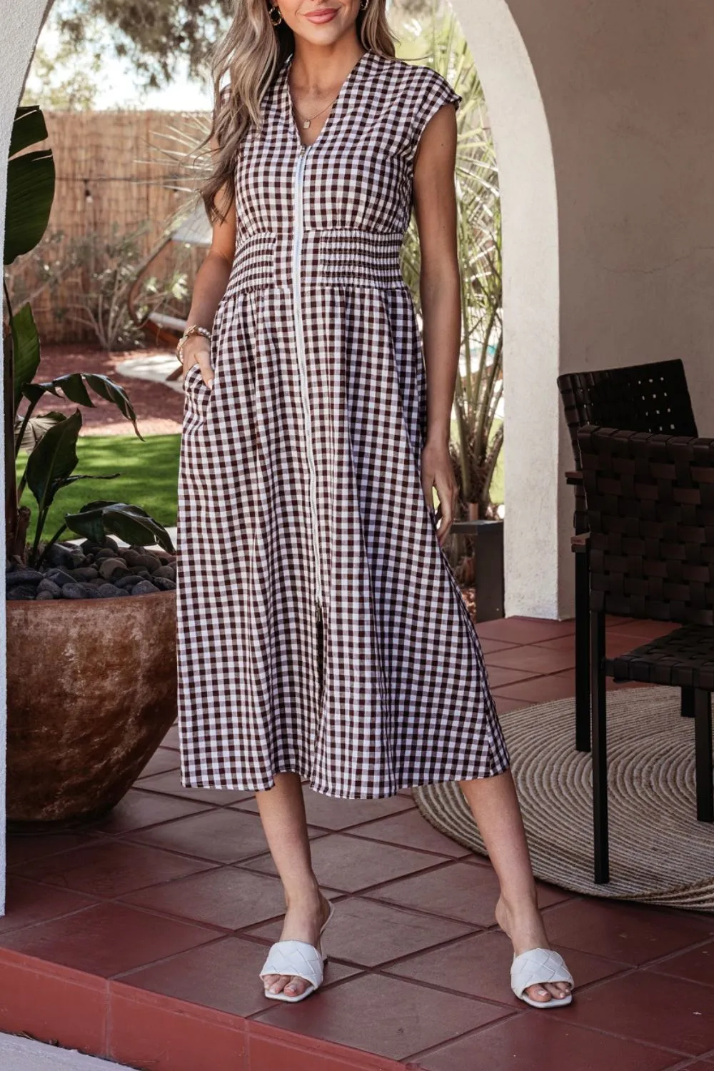 Plaid Zip Front Midi Dress