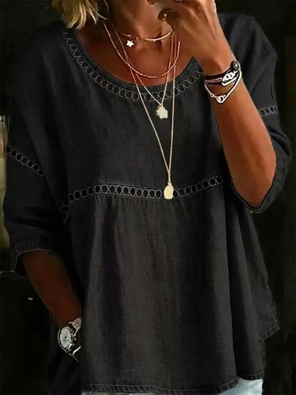 Hollow Out Round Neck Top Plus