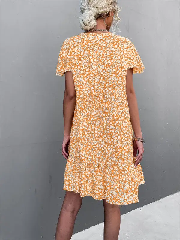 Floral Short Sleeve V Neck Midi Length Dress