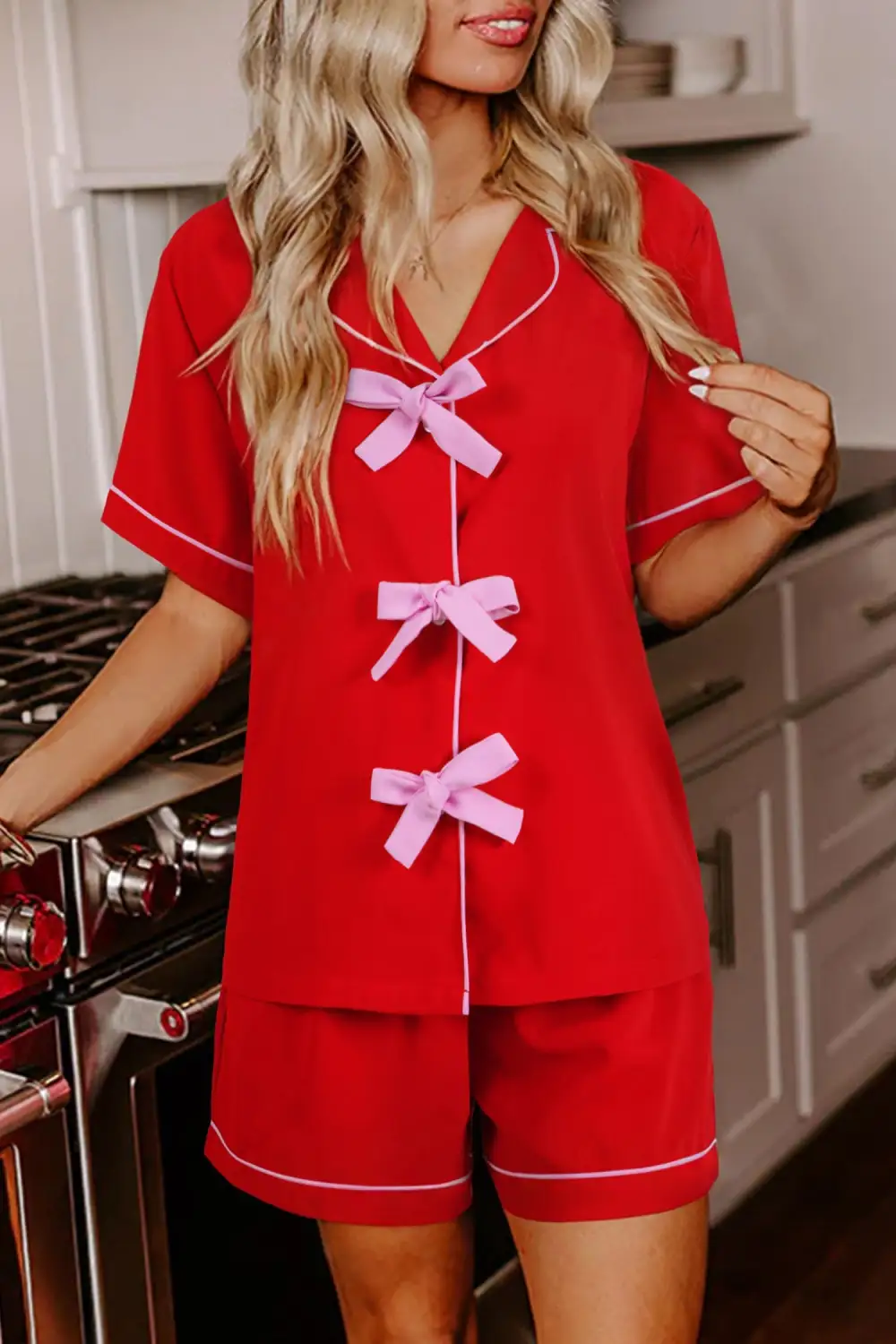 Bow Print Ribbon Trim Short Pajama Set