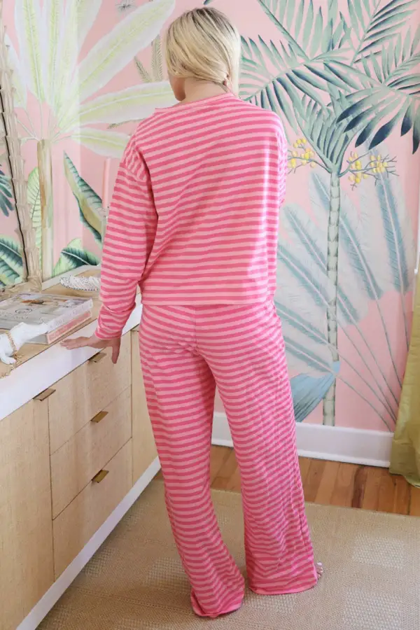 Knit Striped Round Neck Buttoned Two Piece Set