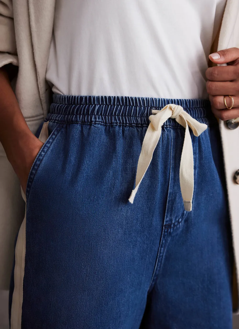 Casual Style Tie Waist Side Stripe Wide Jeans