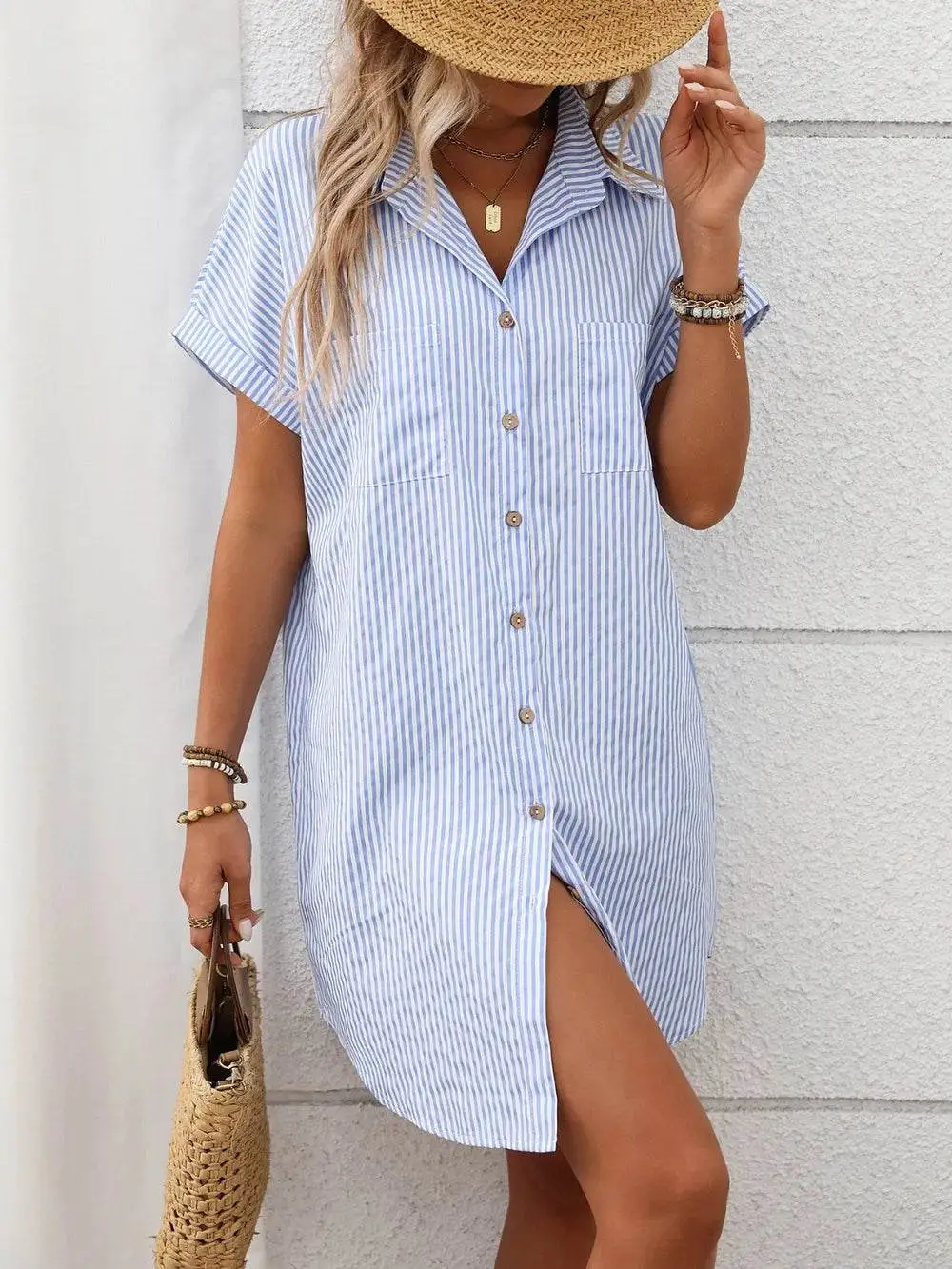 Striped Button Down Short Sleeve Mini Dress