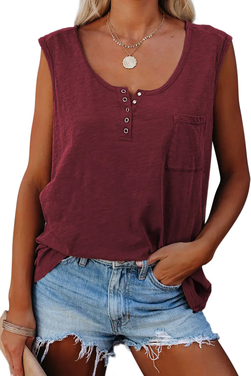 Snap Buttons Scoop Neck Tank With Pocket Top