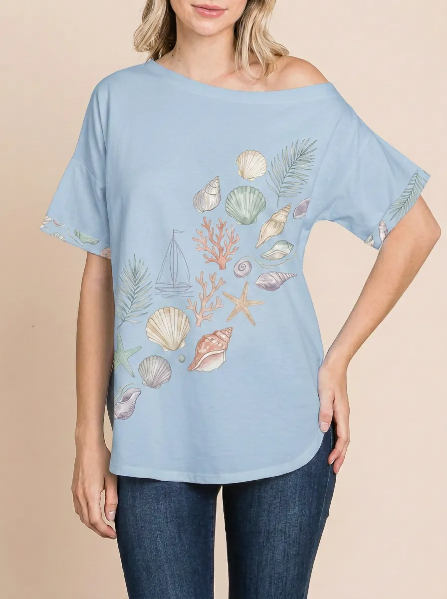 Women's Beach Lover Seashell Sailboat Coral Printed T-shirt