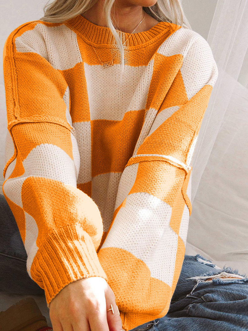 Orange Checkered Bishop Sleeve Sweater