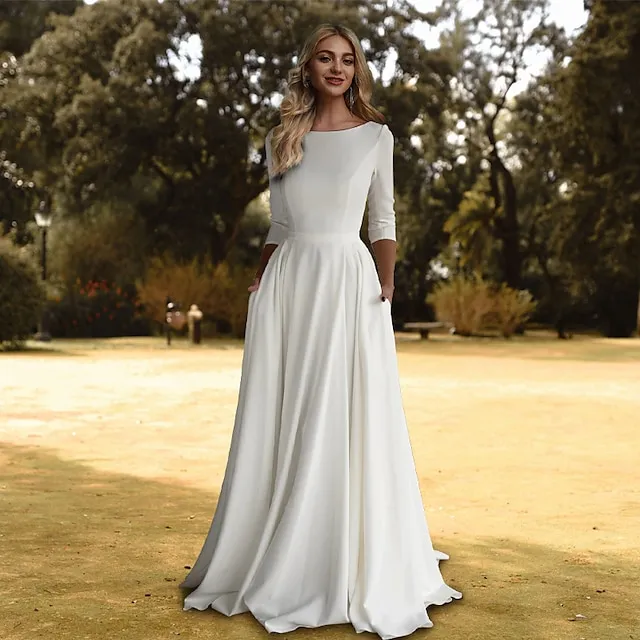 Hall Casual Wedding Dresses A-Line Scoop Neck 3/4 Length Sleeve Sweep / Brush Train Stretch Fabric Bridal Gowns With Pleats Solid Color 2024