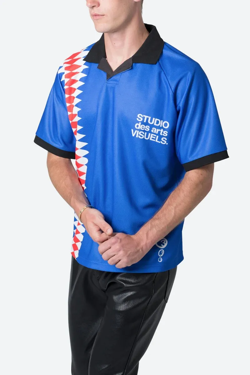 BLUE WITH RED AND WHITE PATTERN POLO SHIRT