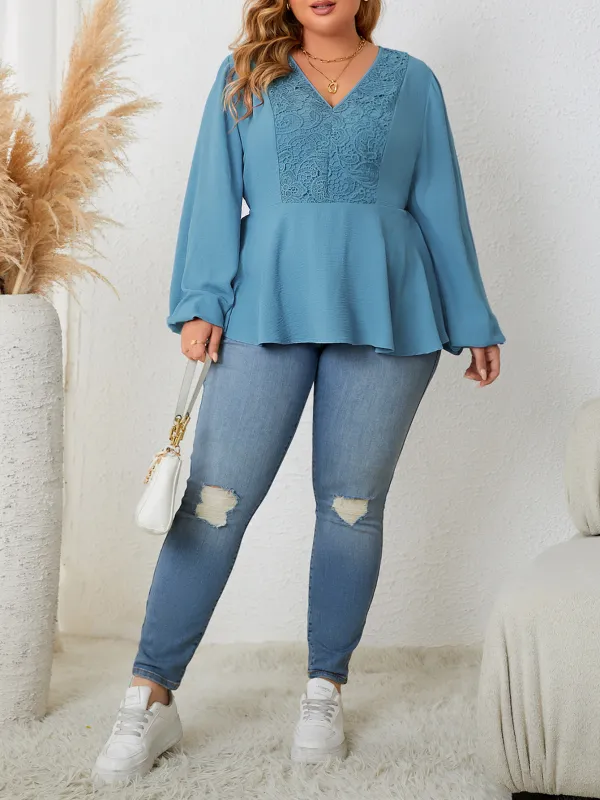 Women Long Sleeve V Neck Shirt Large Size Lace Shirt