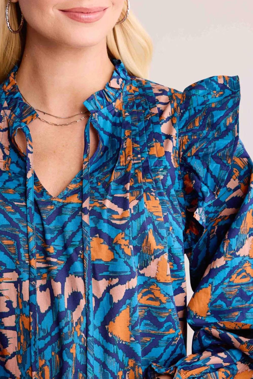 Blue Artistic Print Tie-Waist Long Sleeve Blouse