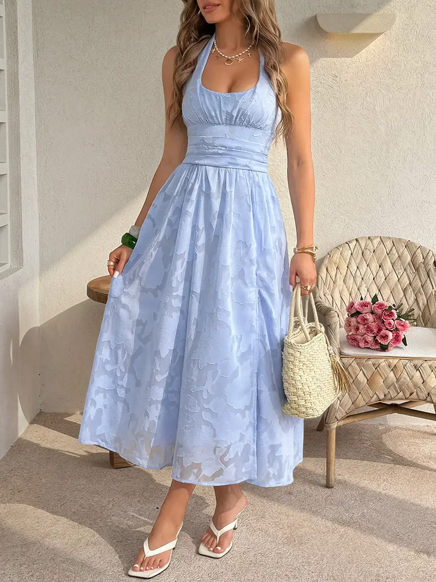 Backless Pleated Neck Maxi Dress
