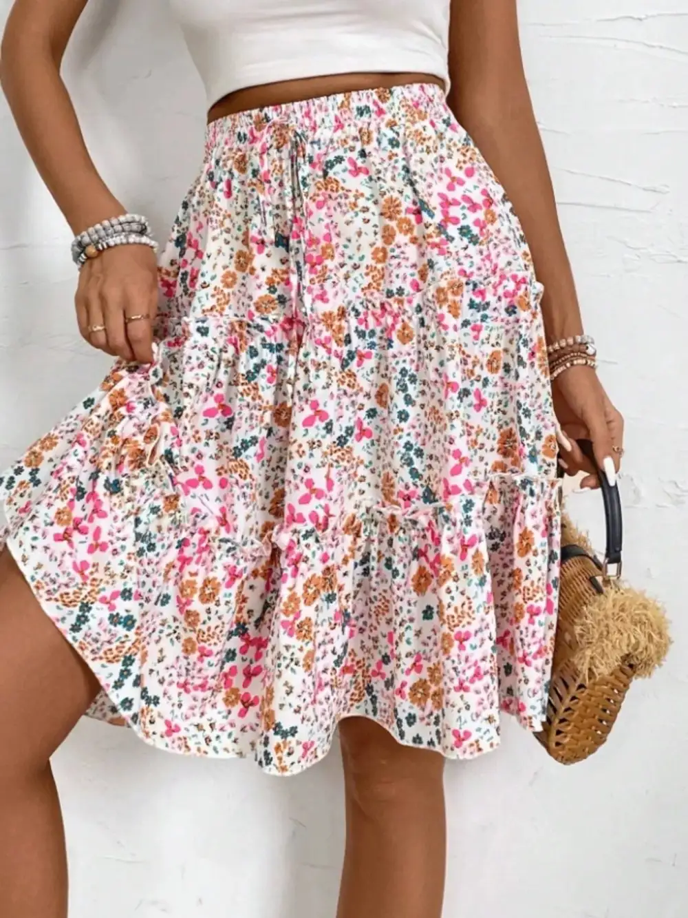 Textured Ruffle Trim Printed Silhouette Skirt