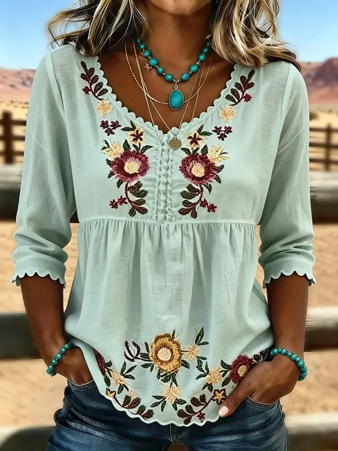 Women's Vintage Floral Print Patchwork Casual Shirt